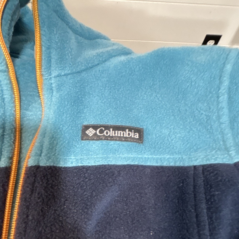 Columbia Women's L Blue/Navy Colorblock Full Zip Fleece Jacket Pockets Stand-Up - Picture 2 of 12